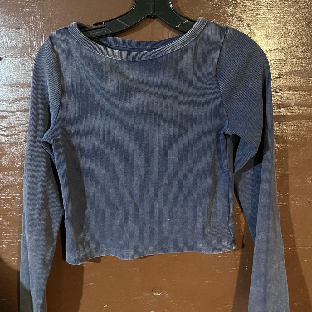 GAP Women's Navy Long Sleeve Heavyweight Rib Boatneck Crop T-Shirt